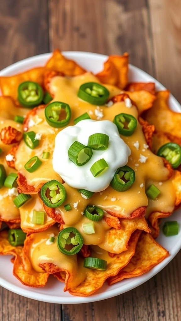 Crispy Pork Rind Nachos Recipe Crispy pork rind nachos with cheese, jalapeños, and sour cream on a rustic table.